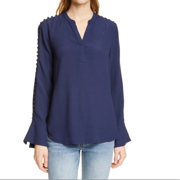 Joie Abe Button Embellished Crepe Long Sleeve Blouse in Midnight. - Picture 2 of 10